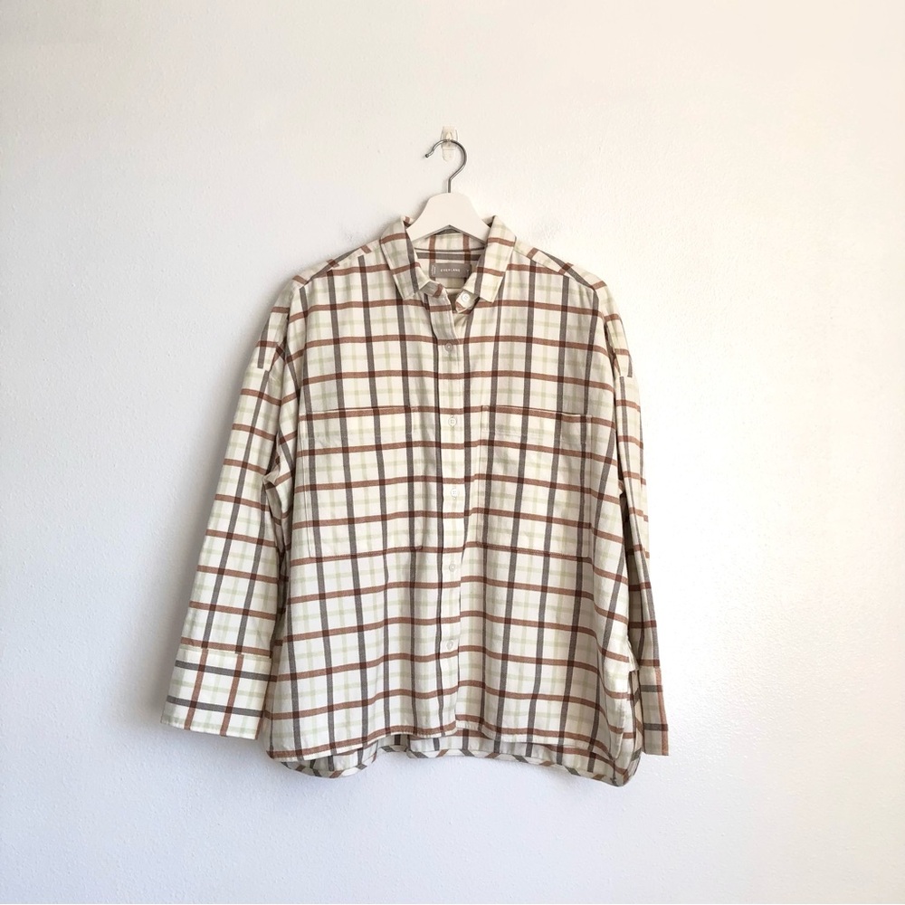 NWT Everlane The Boxy Flannel Green Brown Plaid Button Up Shirt Top Size Medium - Picture 2 of 13